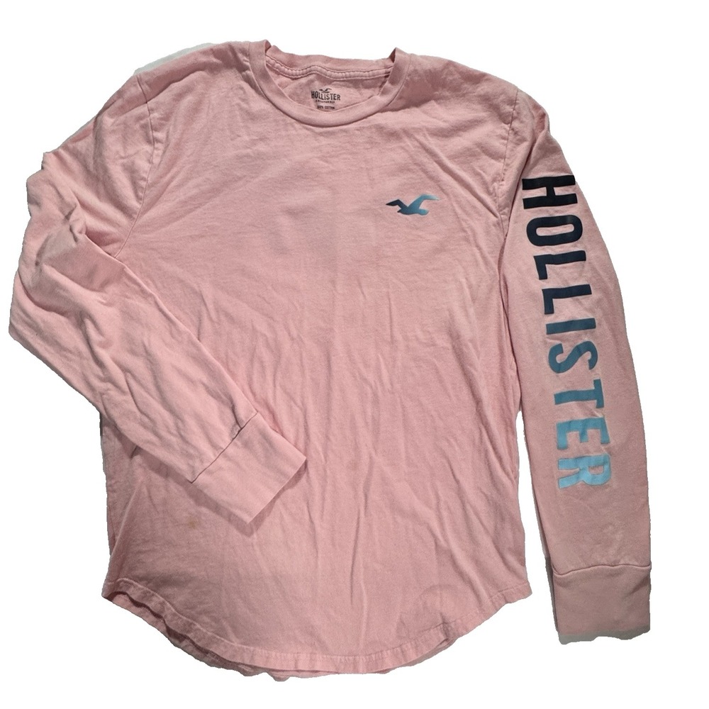 Hollister T-Shirt Women's‎ L Long Sleeve Pink Logo Rounded Hemline Pink Coral